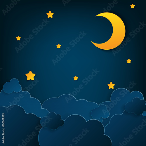 Paper art half moon, rays, fluffy clouds and stars in midnight. Modern 3d origami paper art style. Vector illustration, dark night sky