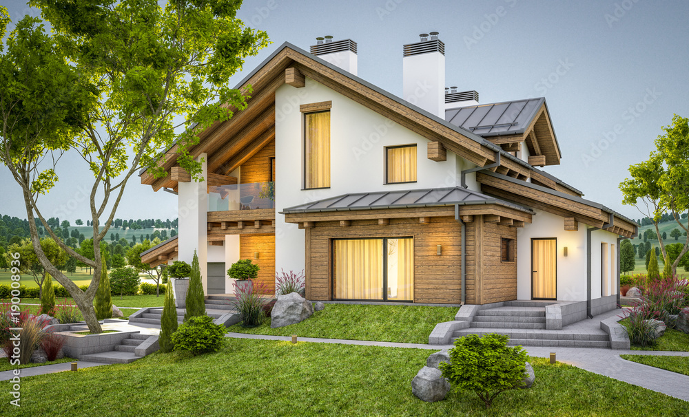 3d rendering of modern cozy house in chalet style 3d rendering of modern cozy house in chalet style