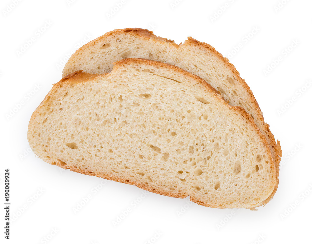 Pair slices of a long loaf isolated on a white background, close up, top view.