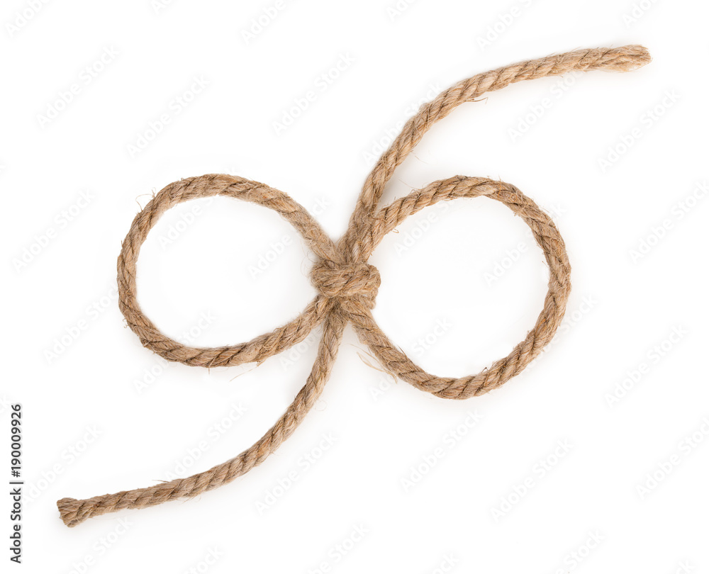 Rough rope bow knot, isolated on white background, close up, top view.