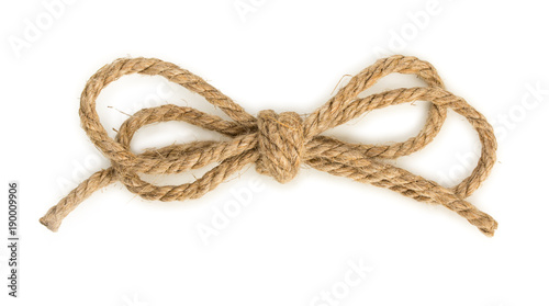 Rough rope bow knot, isolated on white background, close up, top view.