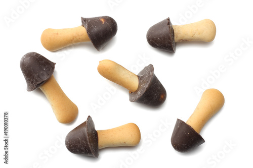 Chocolate mushrooms on a white background. top view