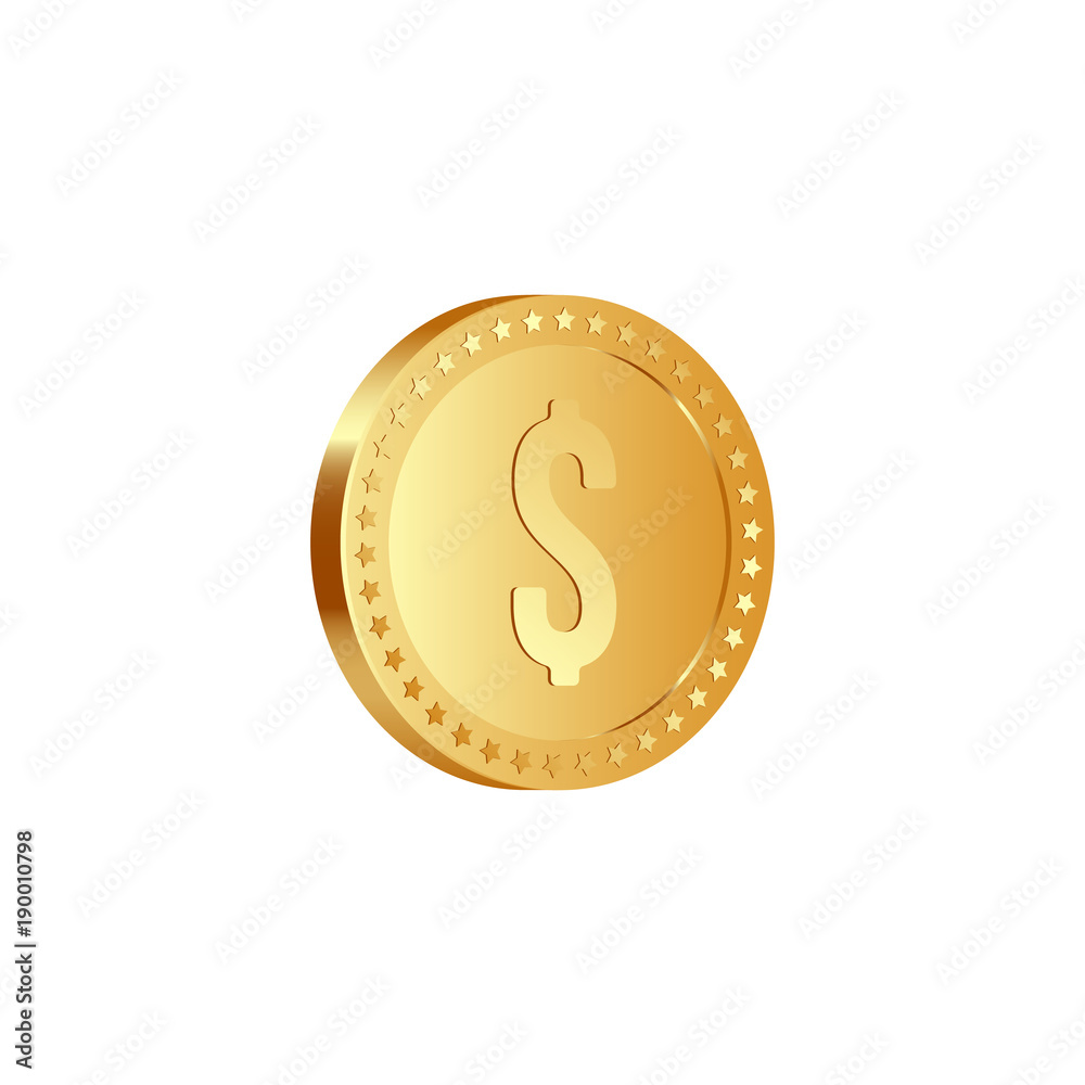 3d realistic golden metallic dollar coin, with rotate 30 degrees, isolated on white background. Vector illustration. 3d realistic golden metallic dollar coin, with rotate 30 degrees, isolated on white background. Vector illustration.