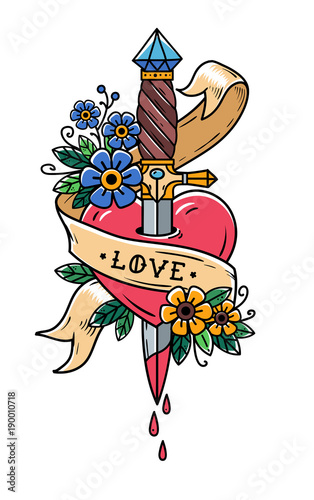 dagger piercing heart with dripping blood.Love