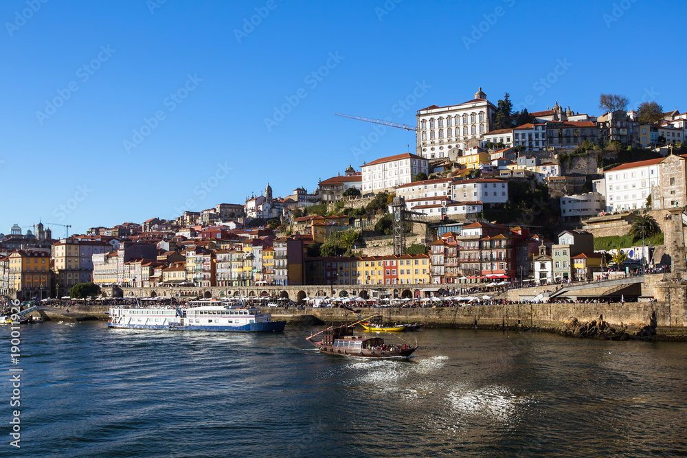 View of Douro river and Ribeira, Porto, Portugal.