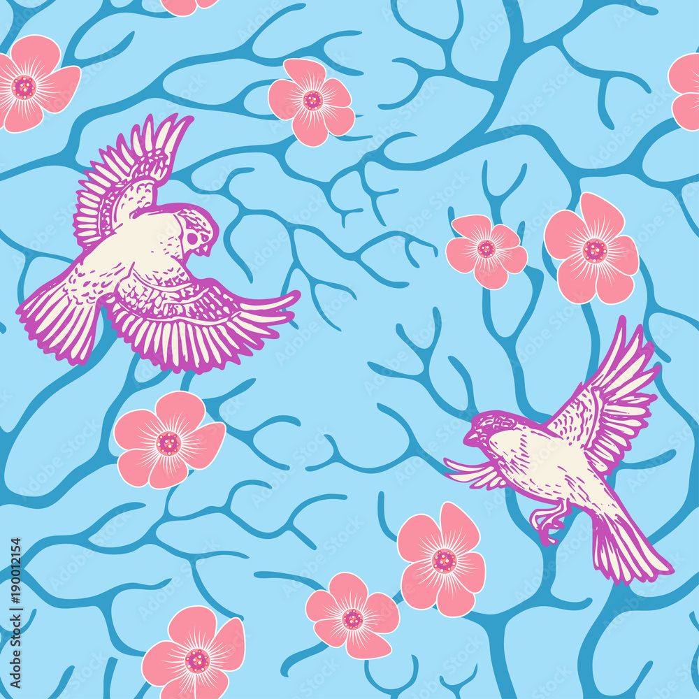 Spring sakura blossom and flying birds seamless pattern Japanese and Chinese style. Spring sakura blossom and flying birds seamless pattern Japanese and Chinese style.