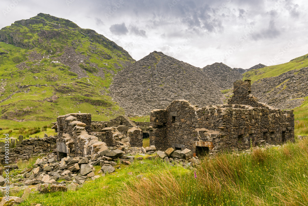 The ruins of the disused Conglog Quarry Mill near Blaenau Ffestiniog, Gwynedd, Wales, UK