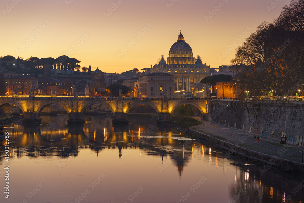 Rome Vatican St.peter basilica after sunset view of river Tiber and Saint Angelo bridge