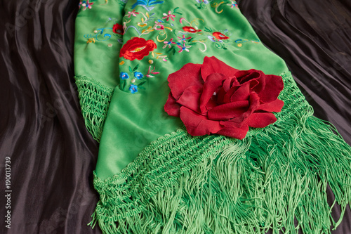 Beautiful green manila shawl with flower. Vintage spanish clothes photo