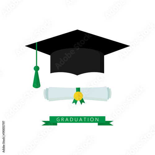 Graduation cap and diploma rolled scroll flat design icon. Finish education symbol