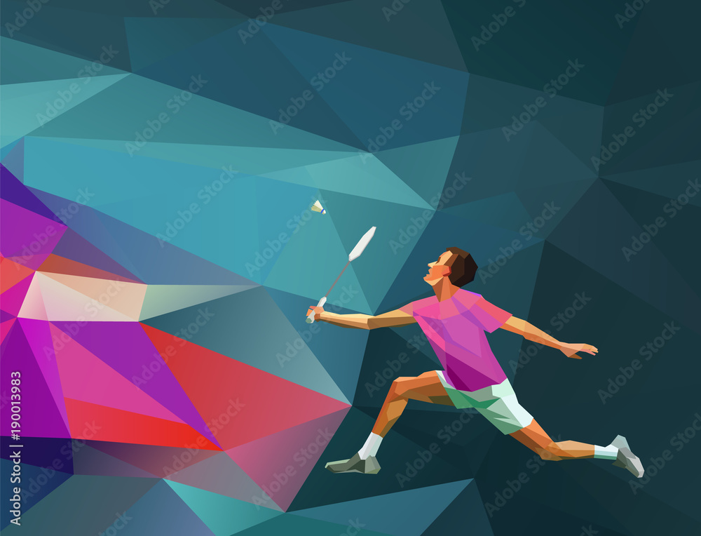 Polygonal professional badminton player on colorful low poly background. Vector illustration