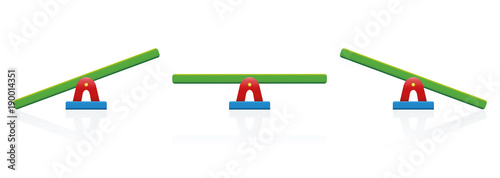 Seesaw - colored balance toy set - three positions, balanced and unbalanced, equal and unequal weightiness - isolated vector illustration on white background.