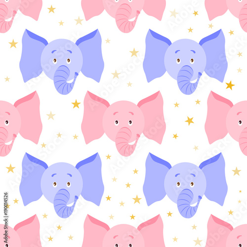 Cute cartoon elephant  seamless childish pattern. Background, fabric, wrapper, backdrop. The vector file has elements that are not cropped - a clipping mask is used for easy editing.