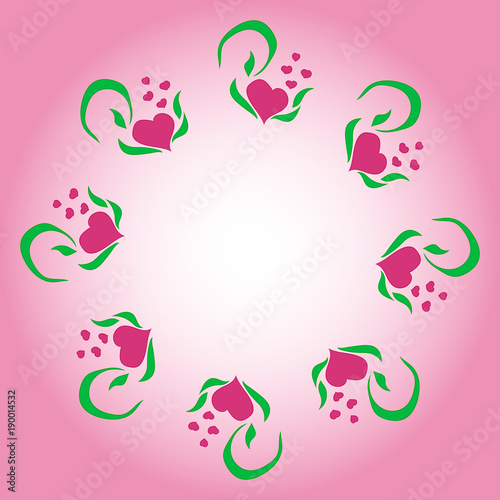 Circle frame for Valentine s Day from green leaves and hearts. Vector drawing