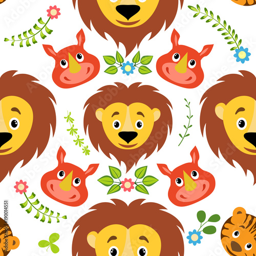 Wallpaper Mural Cartoon lion, tiger and rhino seamless childish pattern. Background, fabric, wrapper, backdrop. The vector file has elements that are not cropped - a clipping mask is used for easy editing Torontodigital.ca