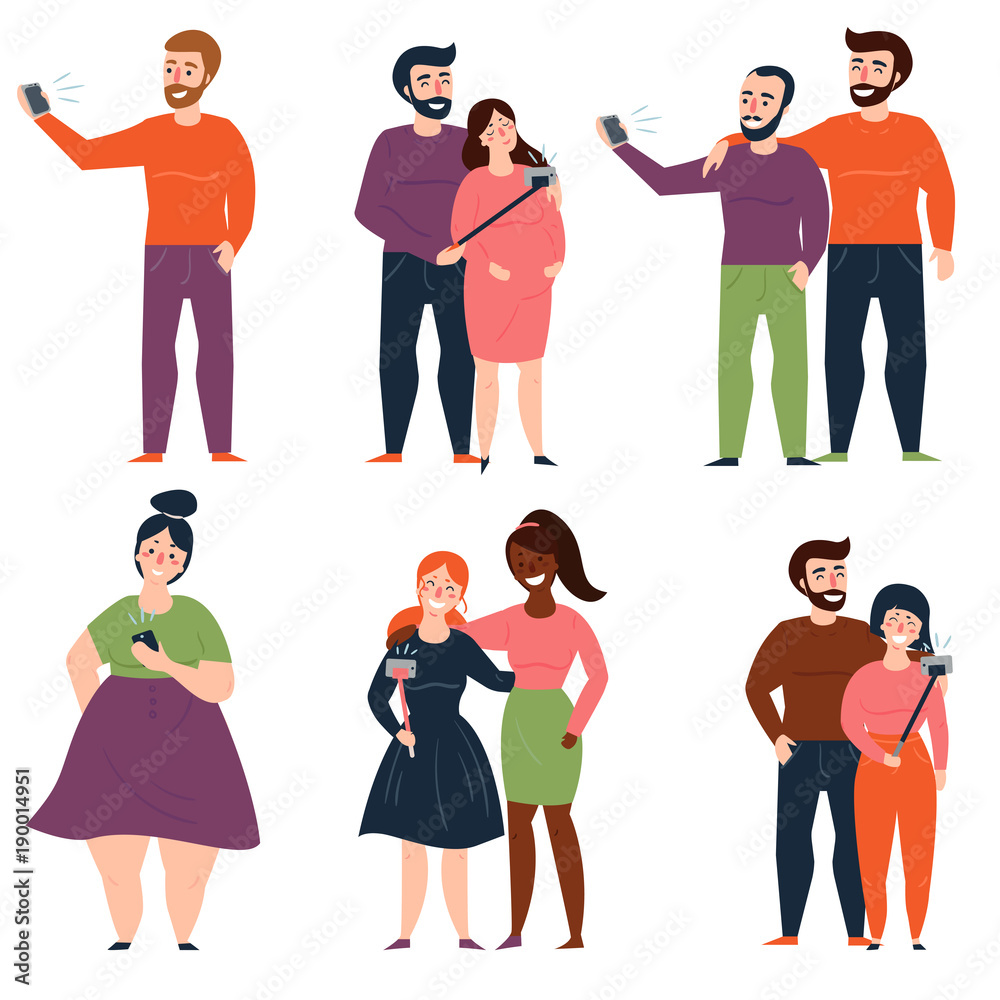 Fototapeta premium Set of young people and fashion couples making selfie
