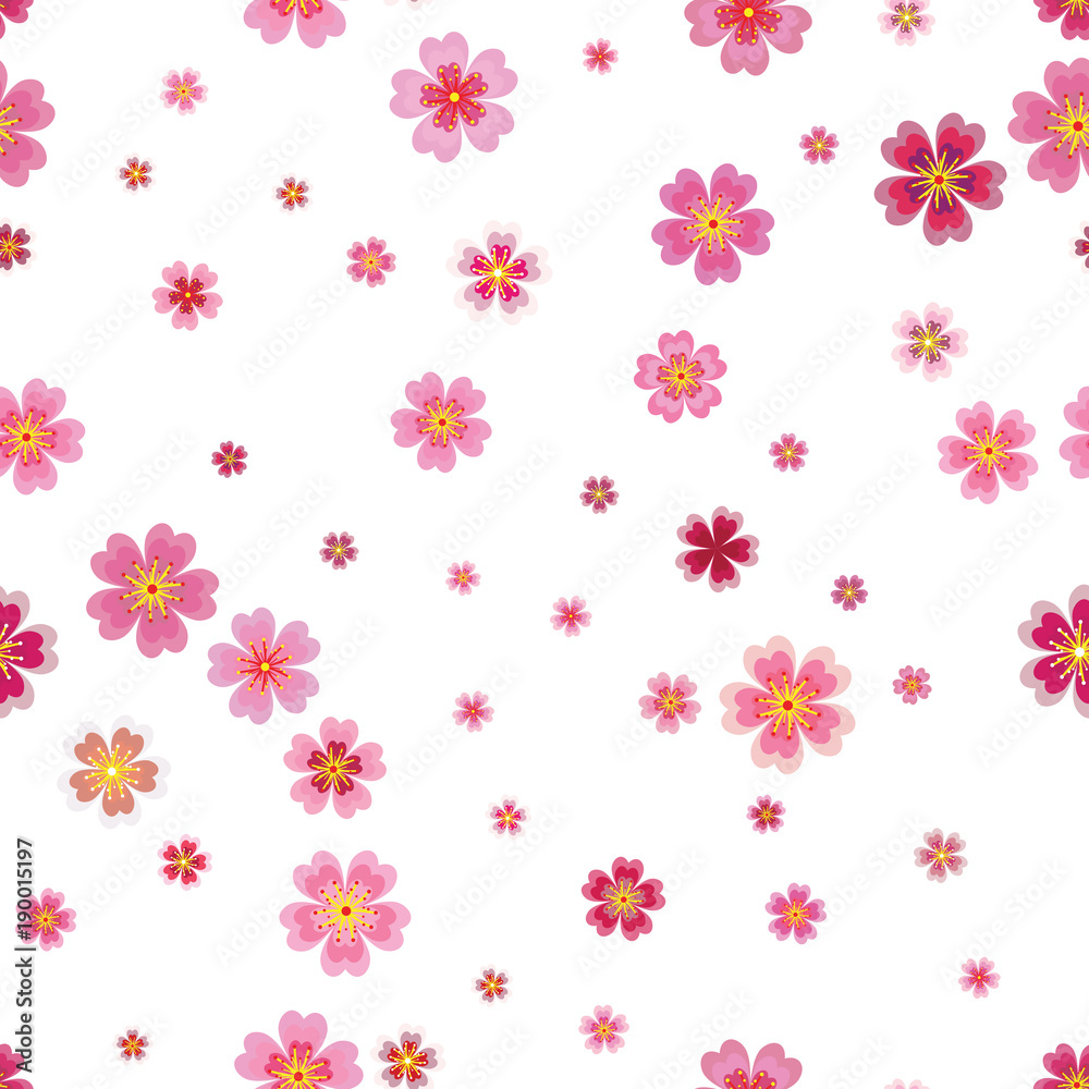 Pink cherry sakura japanese spring flowers seamless pattern. Tree bloom blossom. Feminine girlish style mood. Vector design illustration.