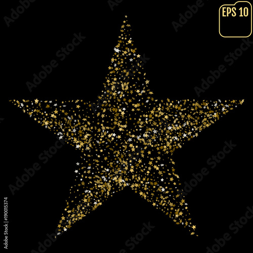Glitter texture. Golden star. Vector illustration for cards, posters, banners, invitations. Isolated on black background.