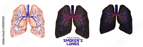 Smoker's lungs set in low poly. Healthy lungs, sick lungs, cancer lungs. Toxic influence of tobacco. Vector.