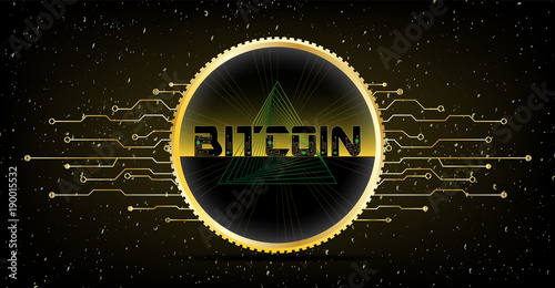 Golden Futuristic Bitcoin concept. HUD s[ace cosmic background with numbers and lines. Banner, brochure, technological lines. Digital Cryptocurrency. Vector.