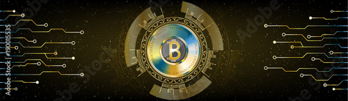 Golden Futuristic Bitcoin concept. HUD s[ace cosmic background with numbers and lines. Banner, brochure, technological lines. Digital Cryptocurrency. Vector.