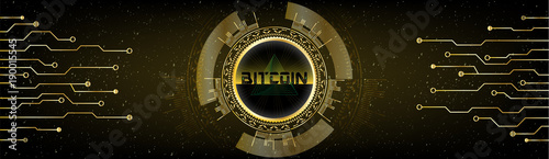 Golden Futuristic Bitcoin concept. HUD s[ace cosmic background with numbers and lines. Banner, brochure, technological lines. Digital Cryptocurrency. Vector.