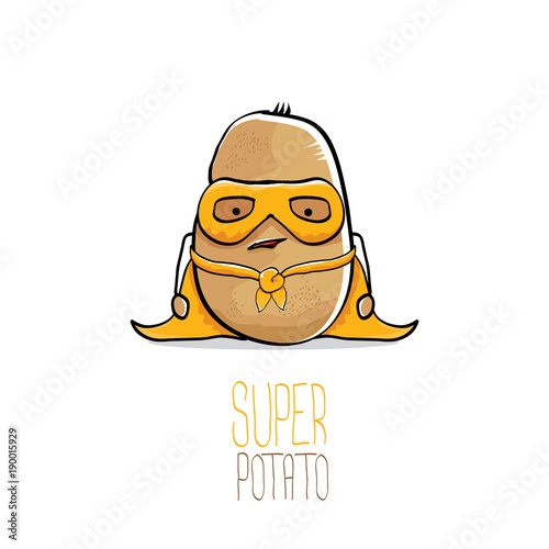 vector funny cartoon cute brown super hero potato with orange hero cape and hero mask isolated on white background. My name is potato vector concept. super vegetable food character