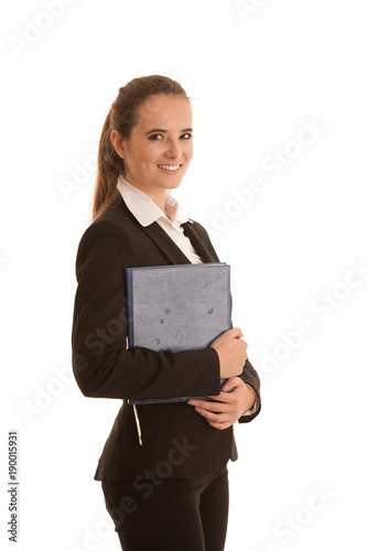 Corporate portrait of a preety business woman with blue folder isolated over white background