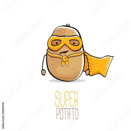 vector funny cartoon cute brown super hero potato with orange hero cape and hero mask isolated on white background. My name is potato vector concept. super vegetable food character