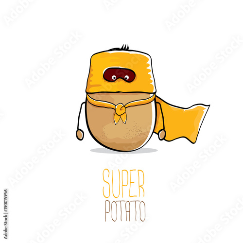 vector funny cartoon cute brown super hero potato with orange hero cape and hero mask isolated on white background. My name is potato vector concept. super vegetable food character