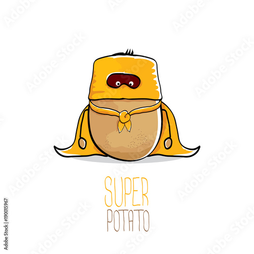 vector funny cartoon cute brown super hero potato with orange hero cape and hero mask isolated on white background. My name is potato vector concept. super vegetable food character