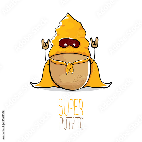 vector funny cartoon cute brown super hero potato with orange hero cape and hero mask isolated on white background. My name is potato vector concept. super vegetable food character