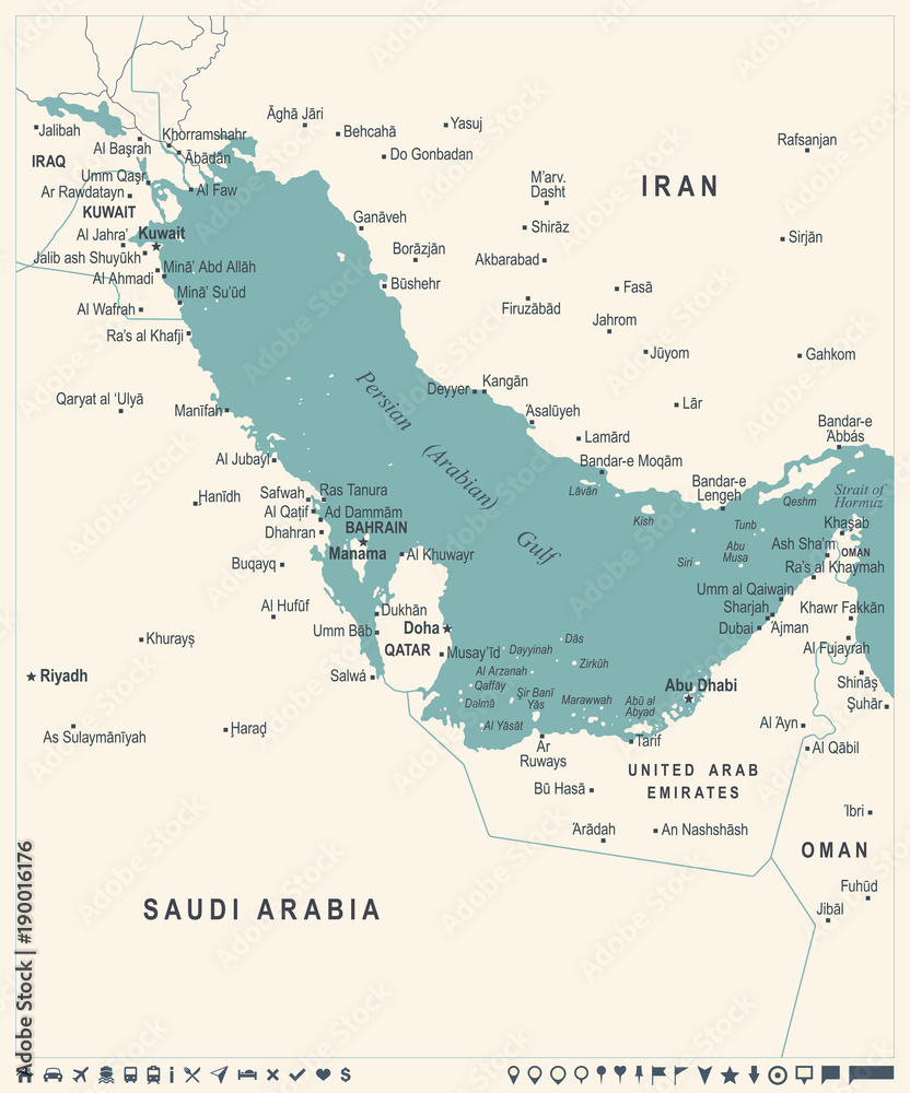 Persian Gulf Map - Vintage Vector Illustration