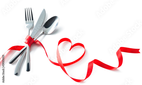 Valentine fork, knife, spoon, silverware with red ribbon heart shape