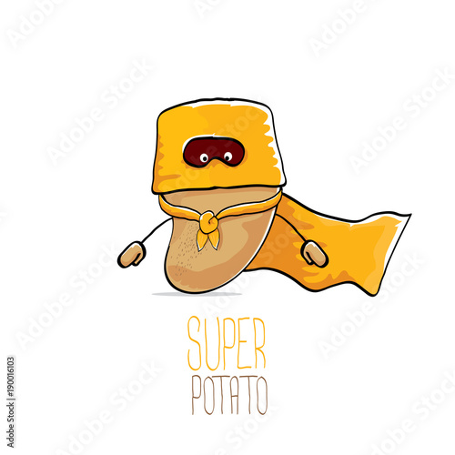 vector funny cartoon cute brown super hero potato with orange hero cape and hero mask isolated on white background. My name is potato vector concept. super vegetable food character