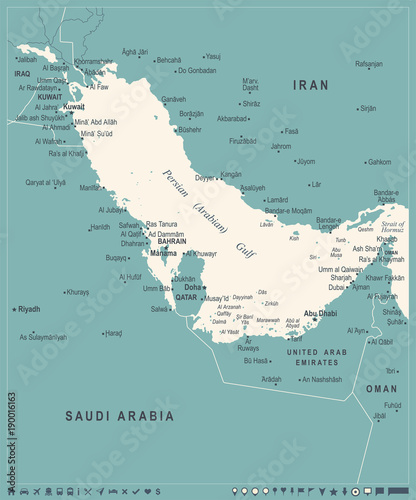 Persian Gulf Map - Vintage Vector Illustration
