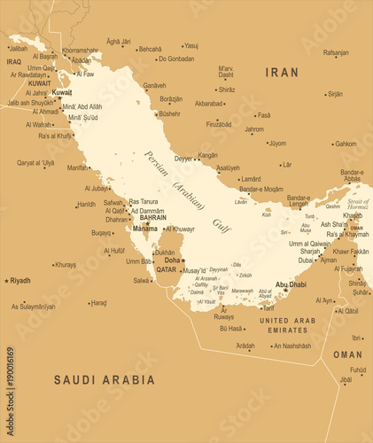 Cuadro en lienzo Persian Gulf Map - Vintage Vector Illustration