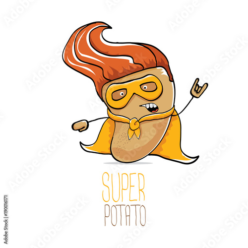 vector funny cartoon cute brown super hero potato with orange hero cape and hero mask isolated on white background. My name is potato vector concept. super vegetable food character