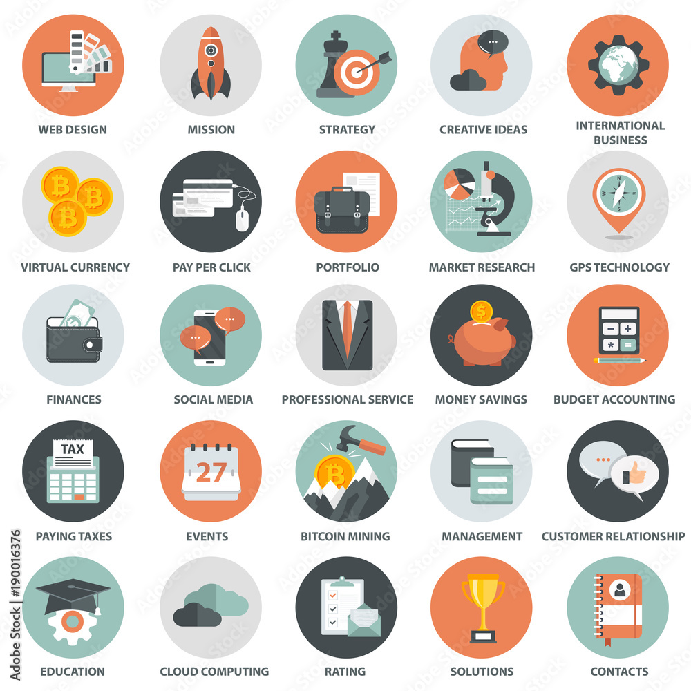 Business, management, finances and technology icon set. Flat vector illustration