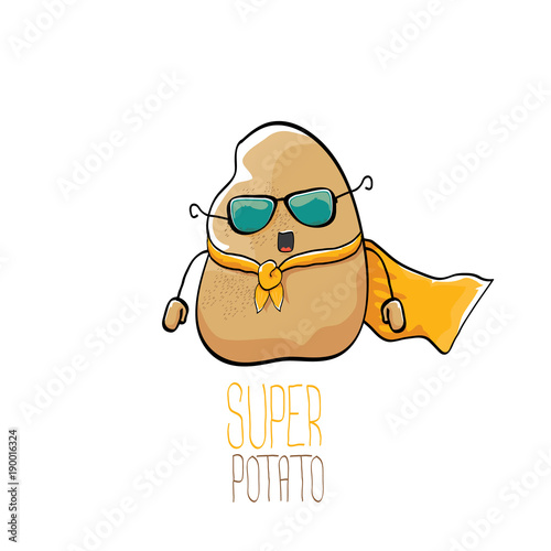 vector funny cartoon cute brown super hero potato with orange hero cape and hero mask isolated on white background. My name is potato vector concept. super vegetable food character