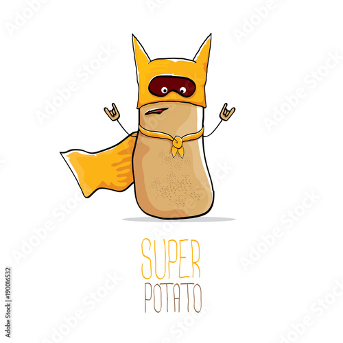 vector funny cartoon cute brown super hero potato with orange hero cape and hero mask isolated on white background. My name is potato vector concept. super vegetable food character