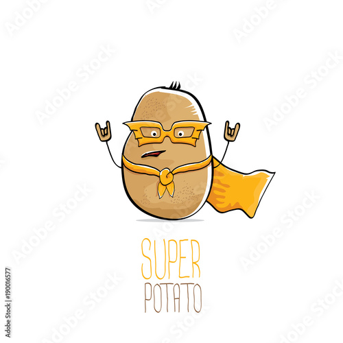 vector funny cartoon cute brown super hero potato with orange hero cape and hero mask isolated on white background. My name is potato vector concept. super vegetable food character