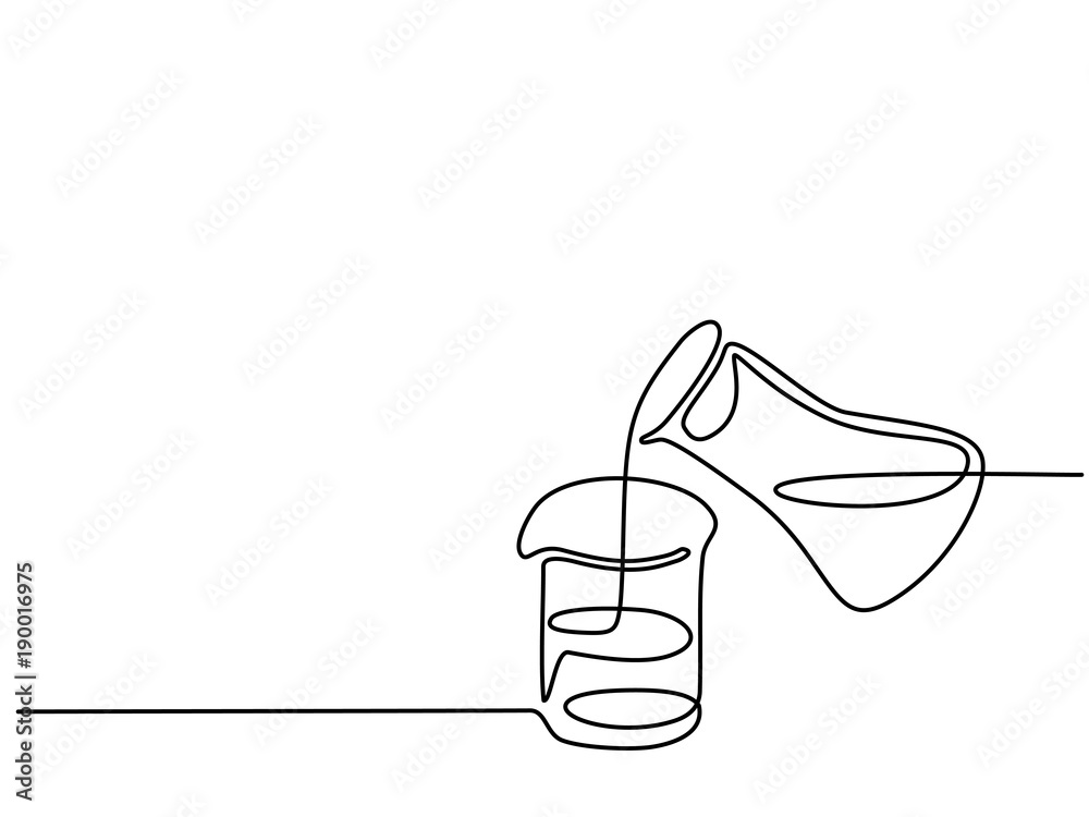Continuous line drawing. Chemical lab retorts with liquid. Vector illustration Continuous line drawing. Chemical lab retorts with liquid. Vector illustration