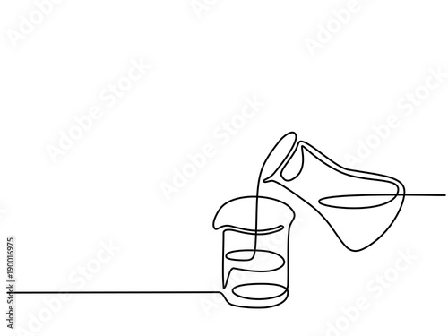 Continuous line drawing. Chemical lab retorts with liquid. Vector illustration