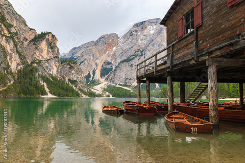 Boathouse at Pragser Wildsee (Lago di Braies), South Tyrol, Italy photo