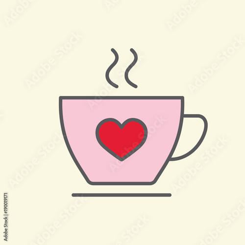 tea cup with heart and steam pink line flat icon on yellow backg