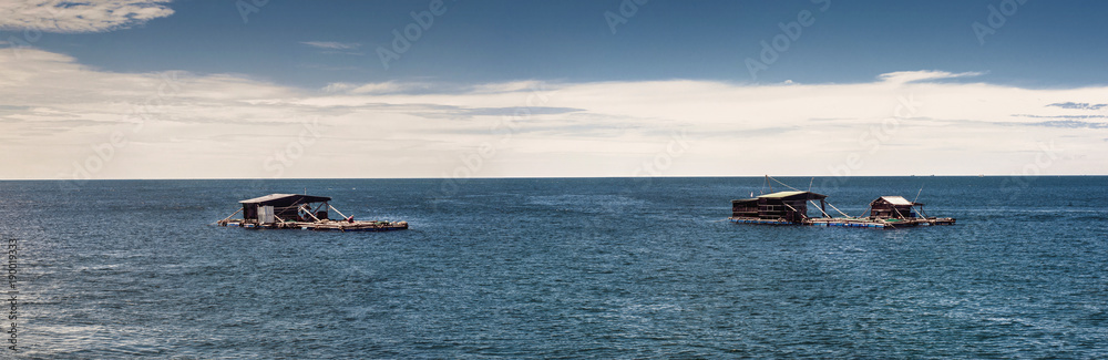Water world. Seascape with houseboat. Floating villages of Vietnam, Phu Quoc