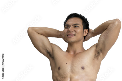 Body builder is working out isolated on white background