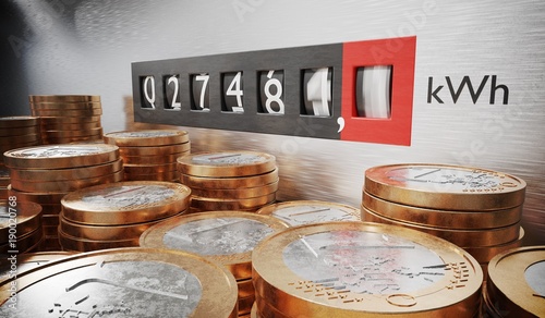 Electrometer is measuring power consumption. Coins in foreground. 3D rendered illustration.