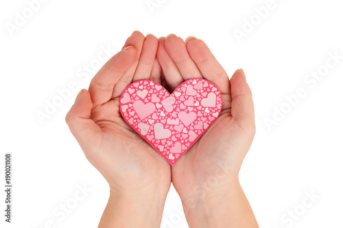 female hands holding pink heart on white background top view